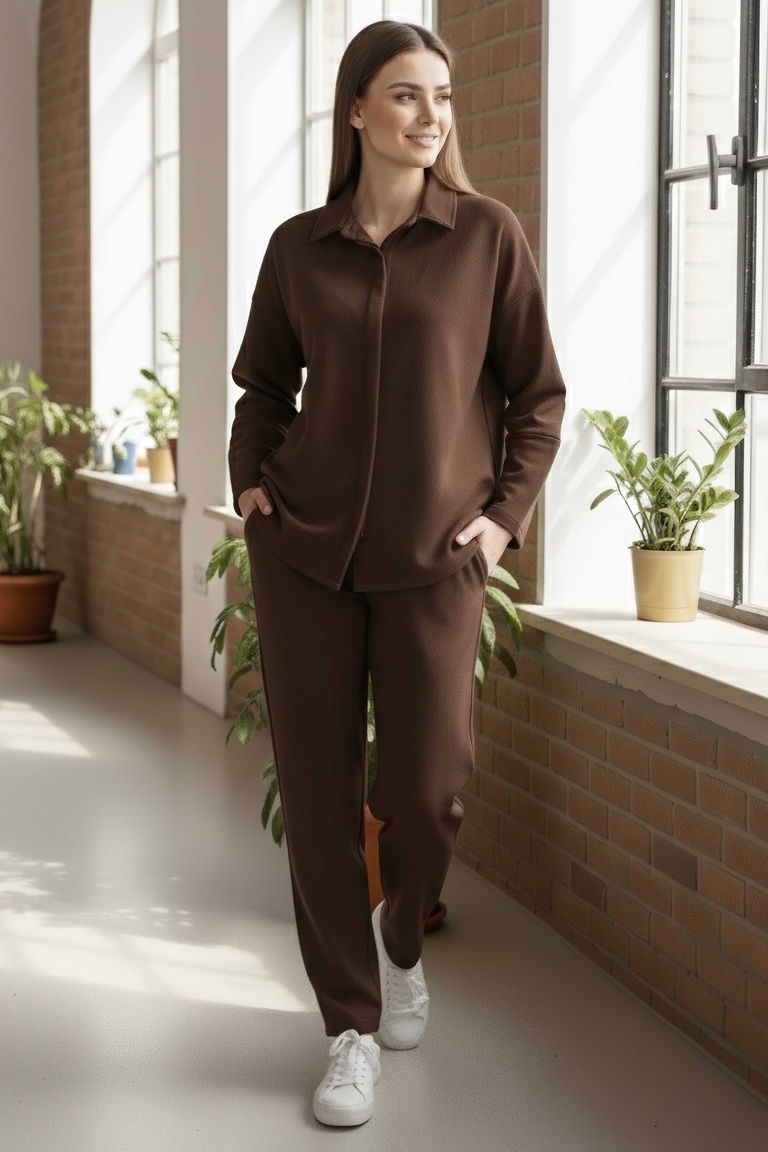 Geniş Kollu Modaal İkili Takım - 28059-KAHVE - TOFİSA