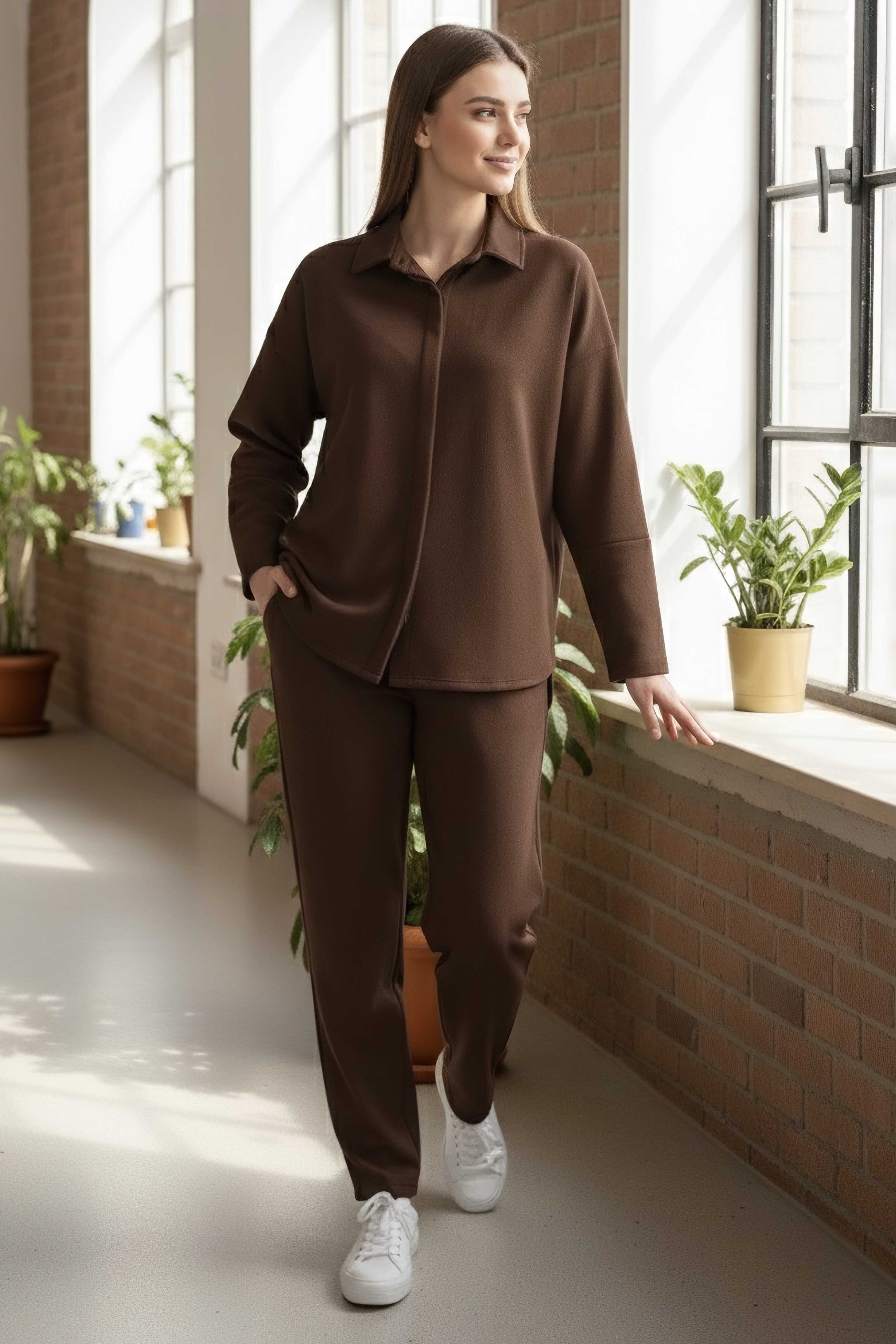 Geniş Kollu Modaal İkili Takım - 28059-KAHVE - 2