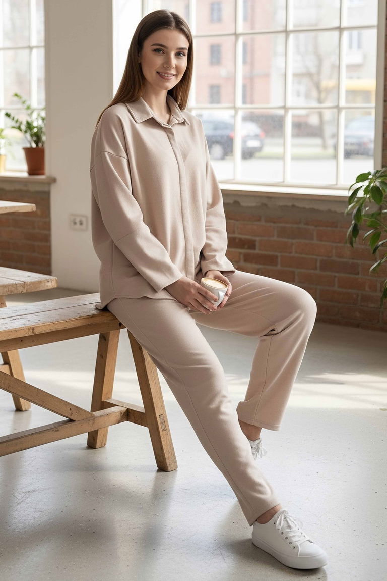 Geniş Kollu Modaal İkili Takım - 28059-KREM - TOFİSA