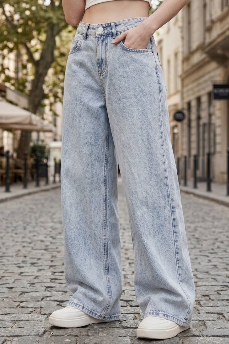 Geniş Paça Kot Pantolon Buz Mavi - K3004-BUZ-MAVI - 1