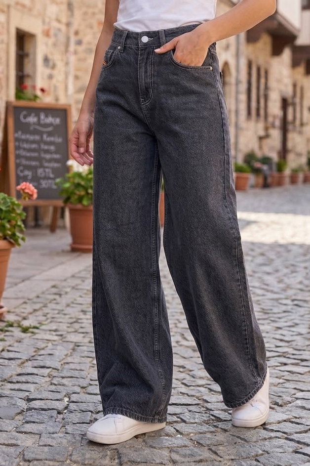 Geniş Paça Kot Pantolon Füme - K3004-FUME - 1