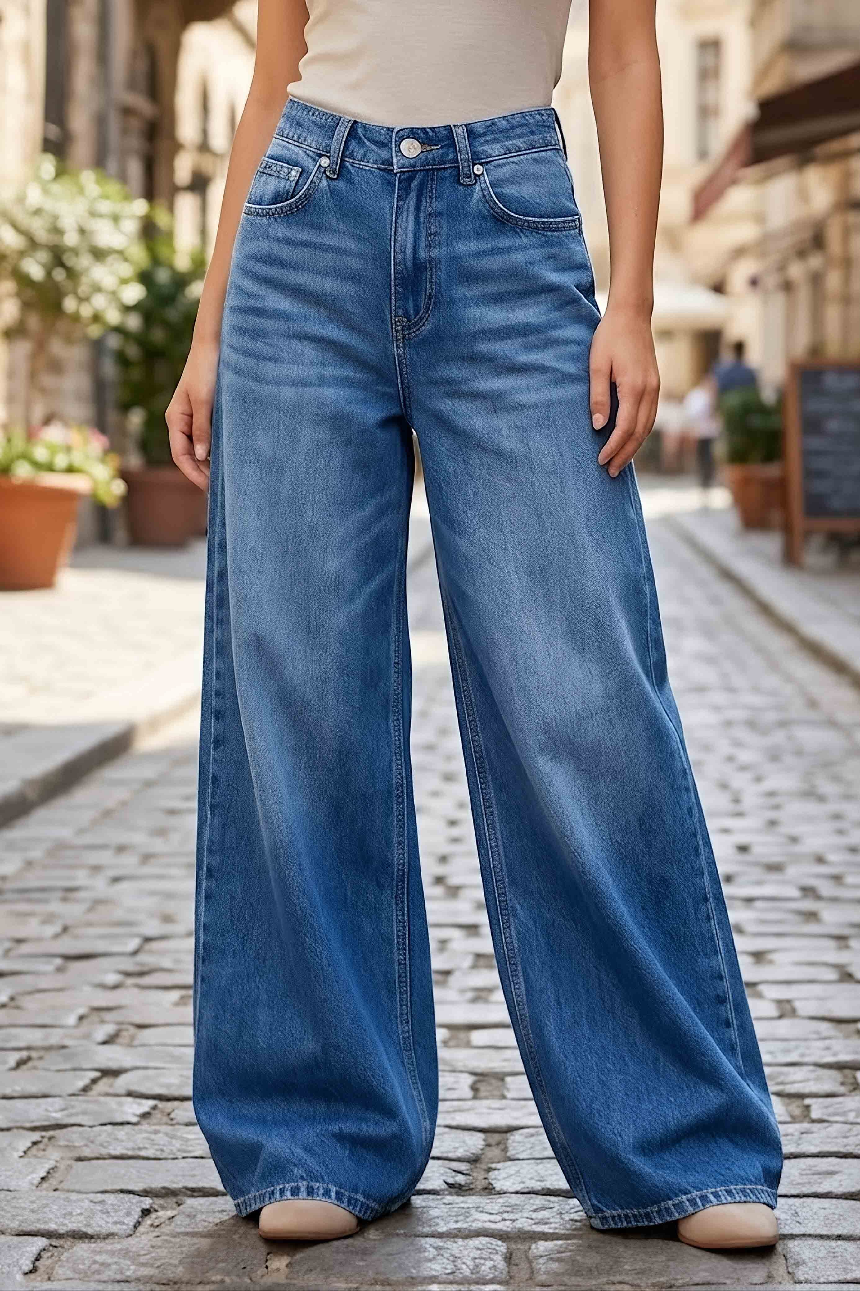 Geniş Paça Kot Pantolon Mavi - K3004-MAVI - 1