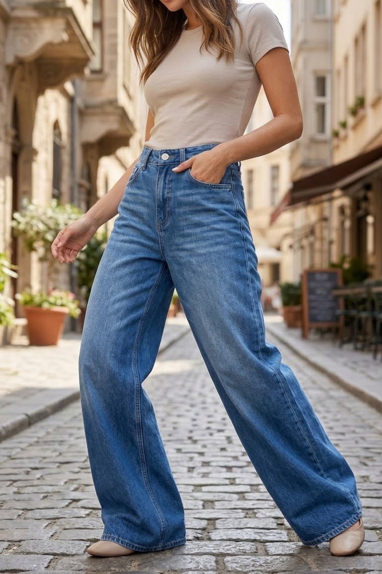 Geniş Paça Kot Pantolon Mavi - K3004-MAVI - 2