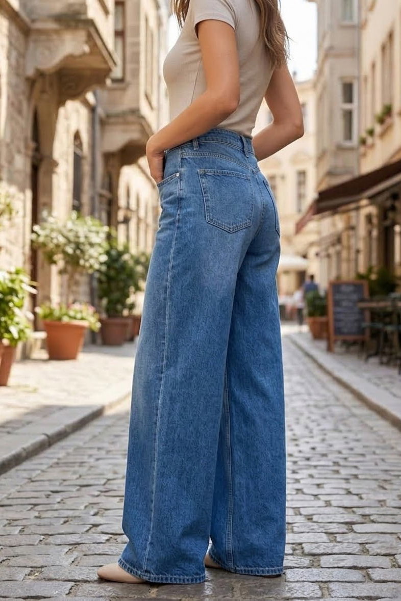 Geniş Paça Kot Pantolon Mavi - K3004-MAVI - 4