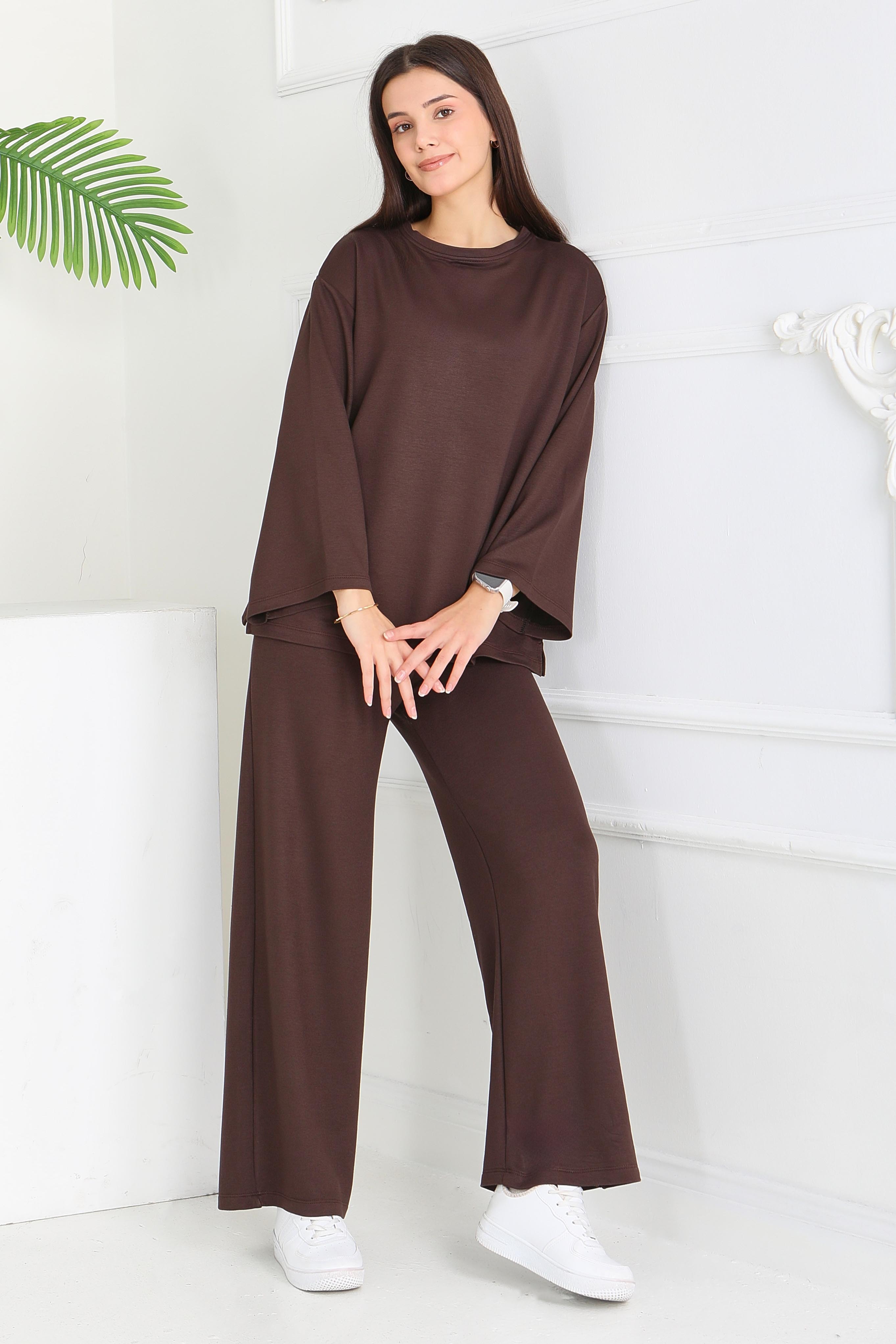 Geniş Paçalı İki İplik Eşofman Takımı - 27717-ACI-KAHVE - 1