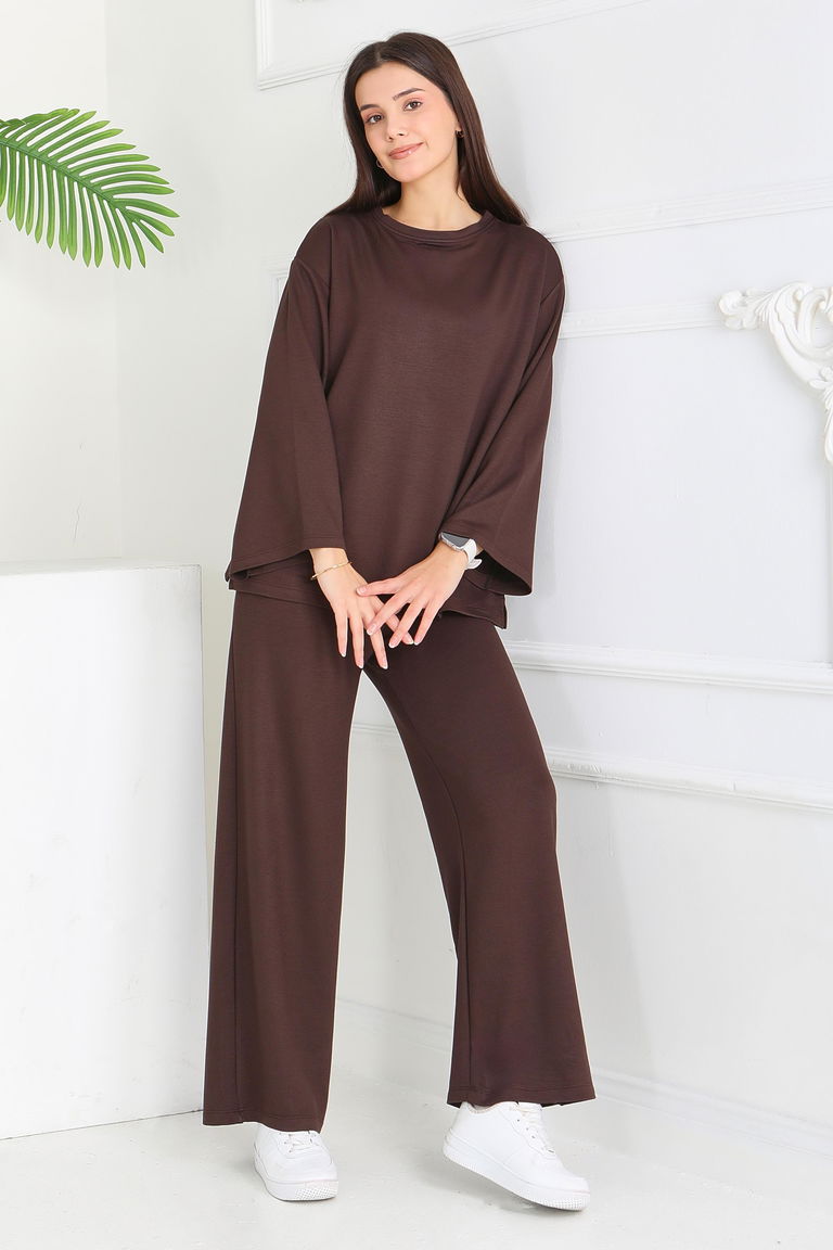 Geniş Paçalı İki İplik Eşofman Takımı - 27717-ACI-KAHVE - TOFİSA