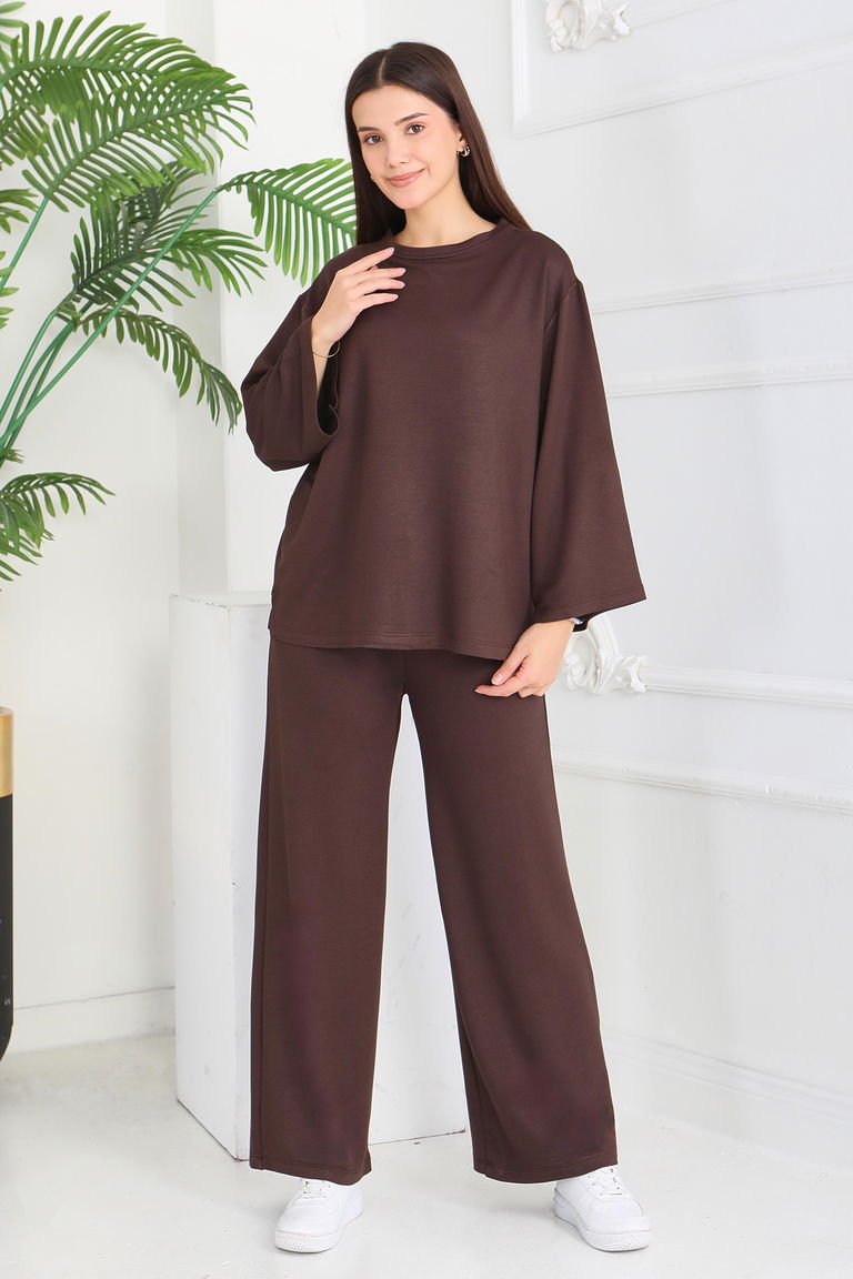 Geniş Paçalı İki İplik Eşofman Takımı - 27717-ACI-KAHVE - TOFİSA