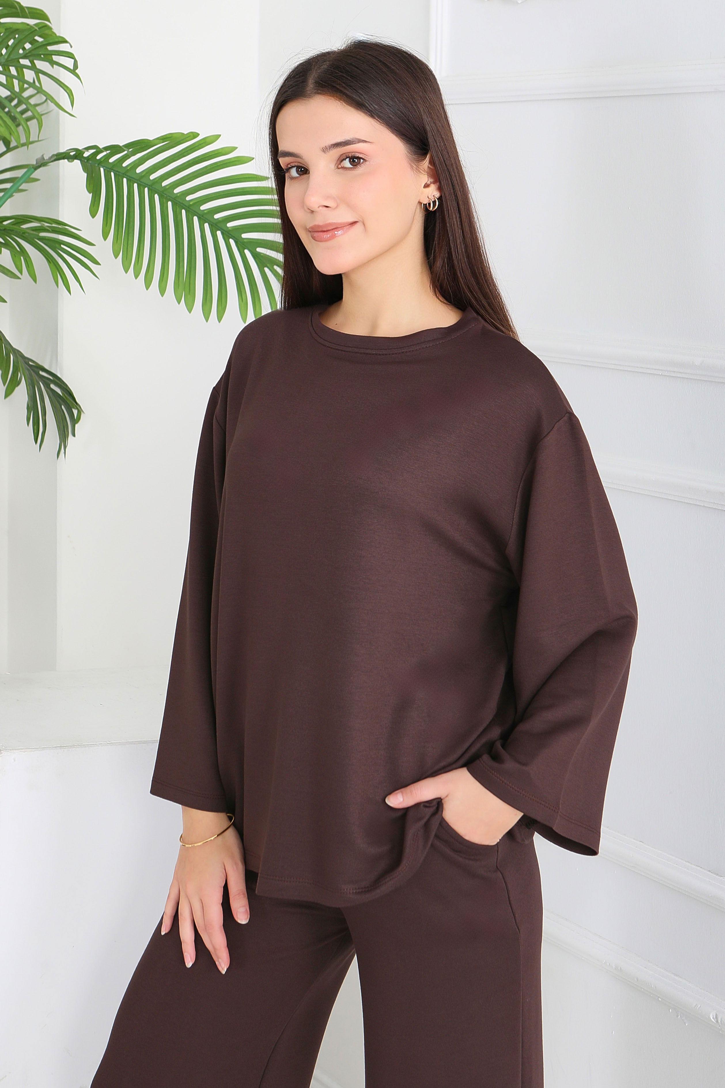 Geniş Paçalı İki İplik Eşofman Takımı - 27717-ACI-KAHVE - 3