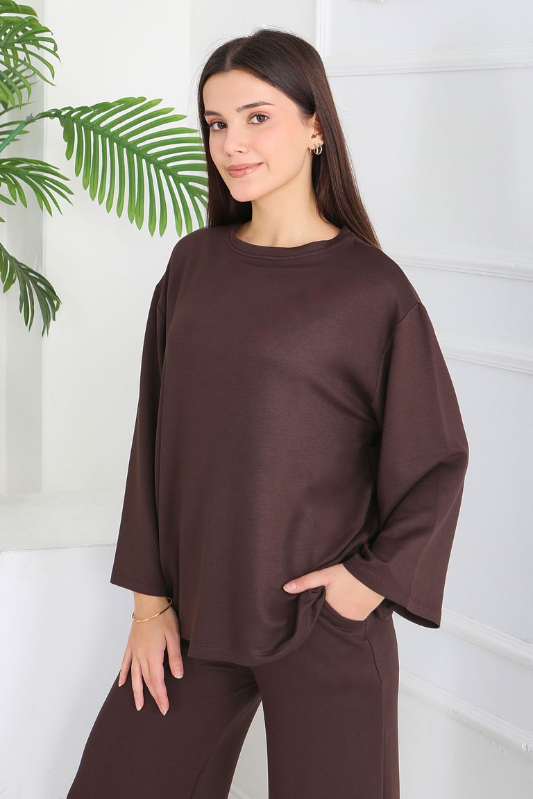 Geniş Paçalı İki İplik Eşofman Takımı - 27717-ACI-KAHVE - TOFİSA