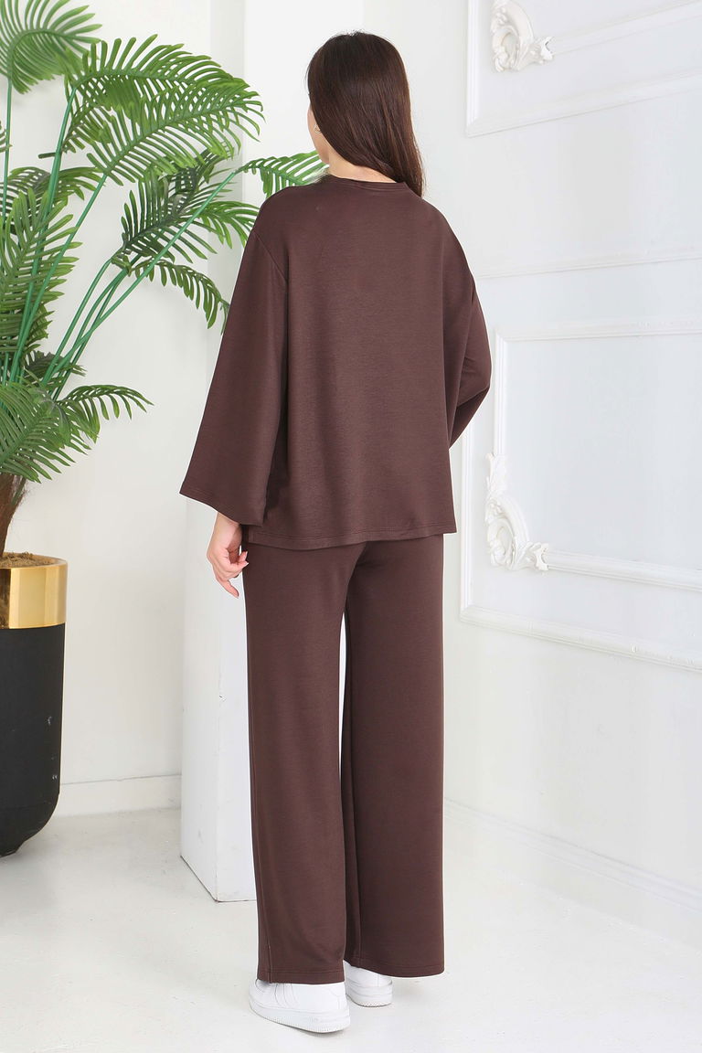 Geniş Paçalı İki İplik Eşofman Takımı - 27717-ACI-KAHVE - TOFİSA