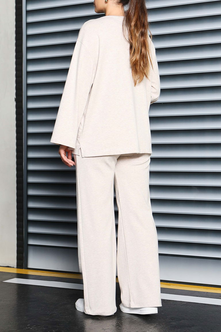 Geniş Paçalı İki İplik Eşofman Takımı - 27717-BEJ - TOFİSA