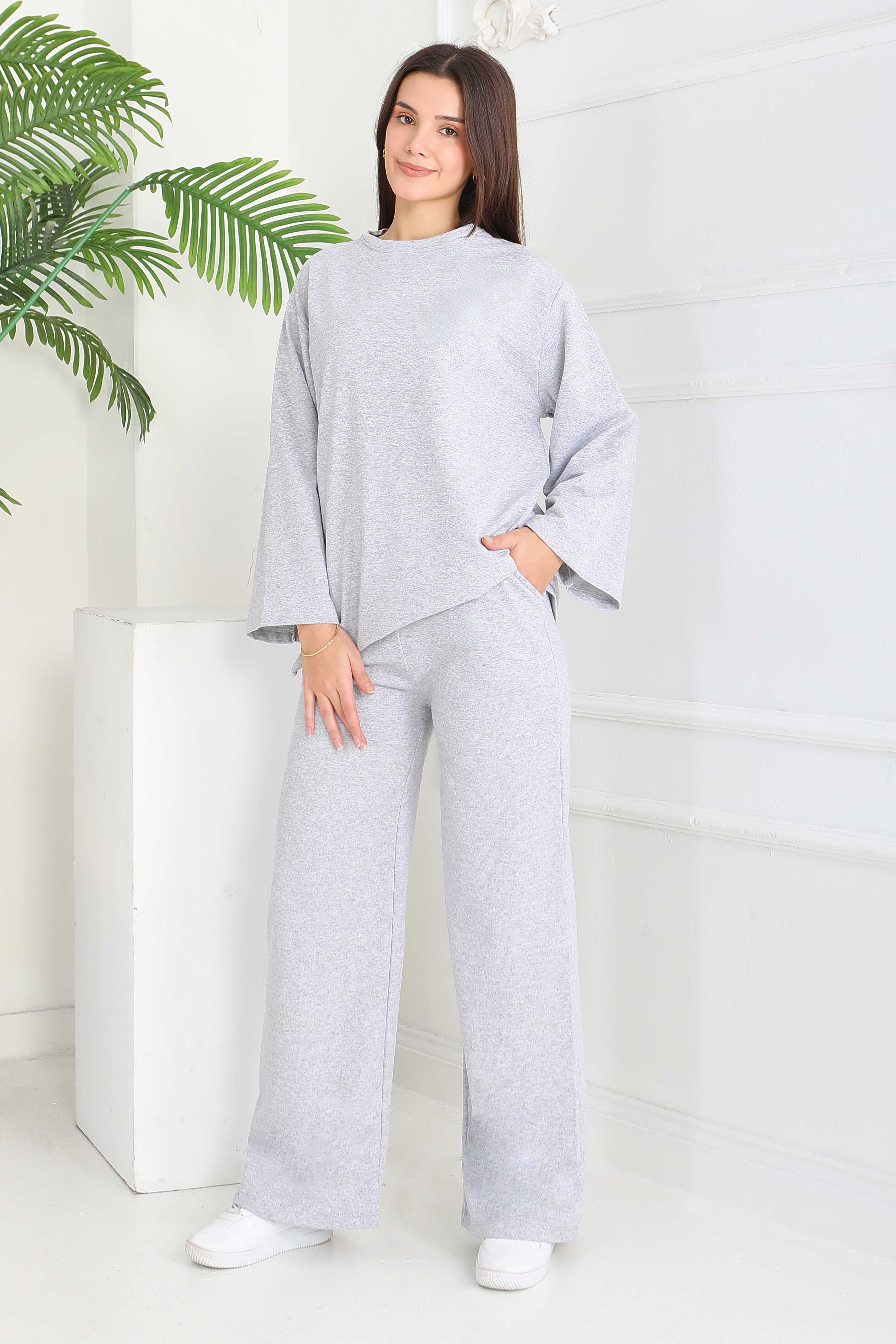 Geniş Paçalı İki İplik Eşofman Takımı - 27717-GRI - 1