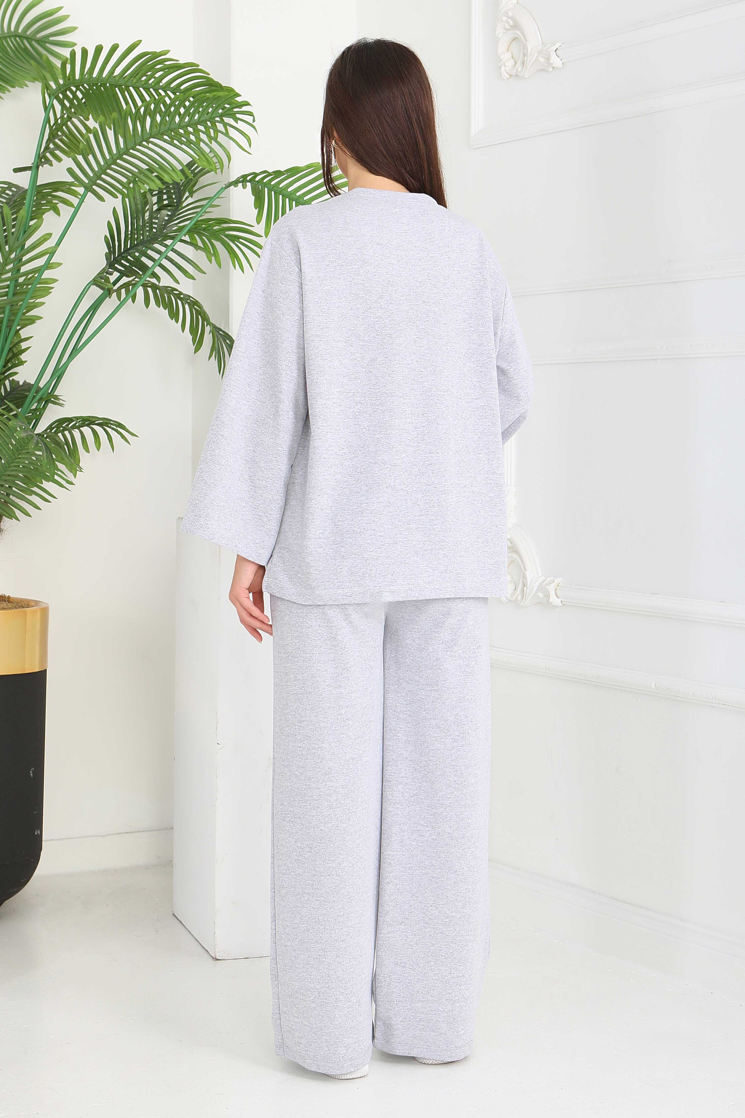 Geniş Paçalı İki İplik Eşofman Takımı - 27717-GRI - 4