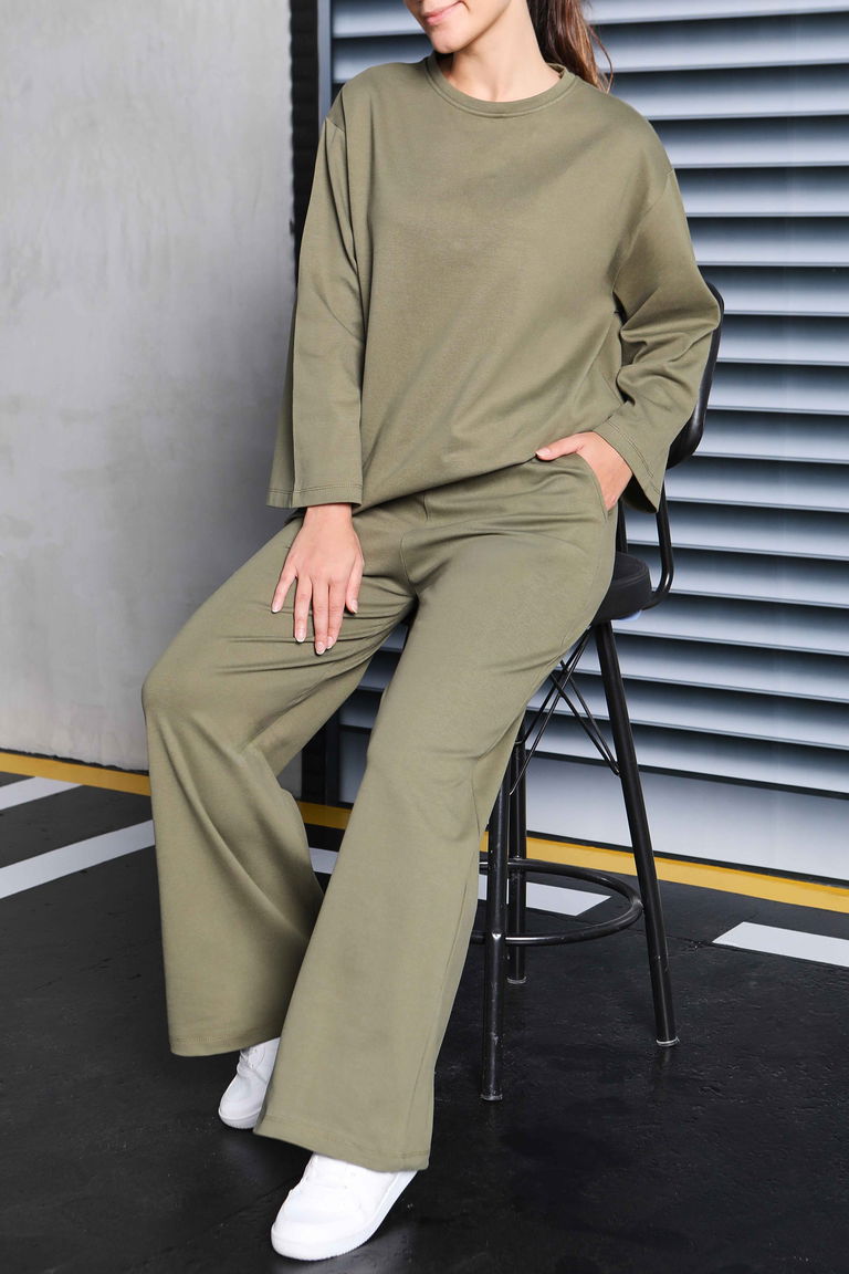 Geniş Paçalı İki İplik Eşofman Takımı - 27717-HAKI - TOFİSA