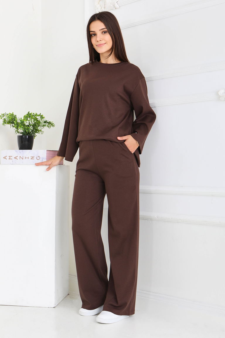 Geniş Paçalı İki İplik Eşofman Takımı - 27717-KAHVE - TOFİSA