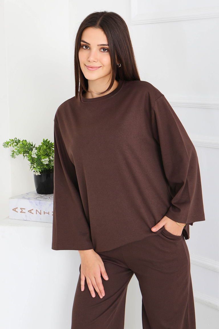 Geniş Paçalı İki İplik Eşofman Takımı - 27717-KAHVE - TOFİSA