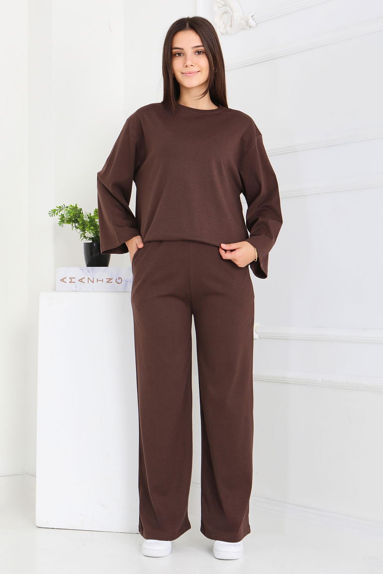 Geniş Paçalı İki İplik Eşofman Takımı - 27717-KAHVE - TOFİSA