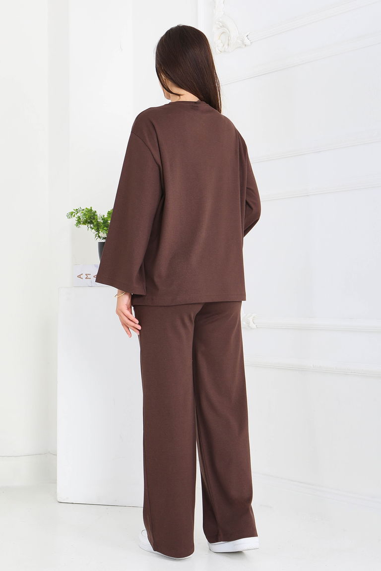 Geniş Paçalı İki İplik Eşofman Takımı - 27717-KAHVE - TOFİSA