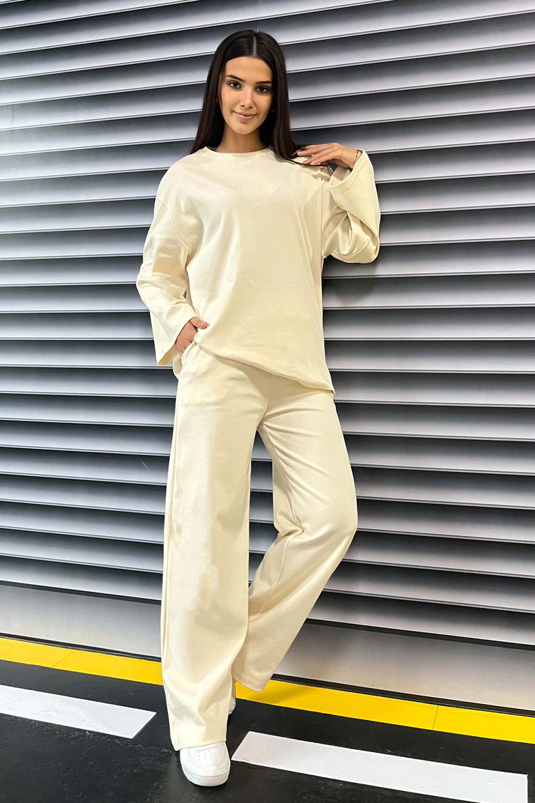 Geniş Paçalı İki İplik Eşofman Takımı - 27717-KREM - TOFİSA