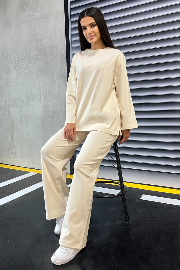 Geniş Paçalı İki İplik Eşofman Takımı - 27717-KREM - TOFİSA