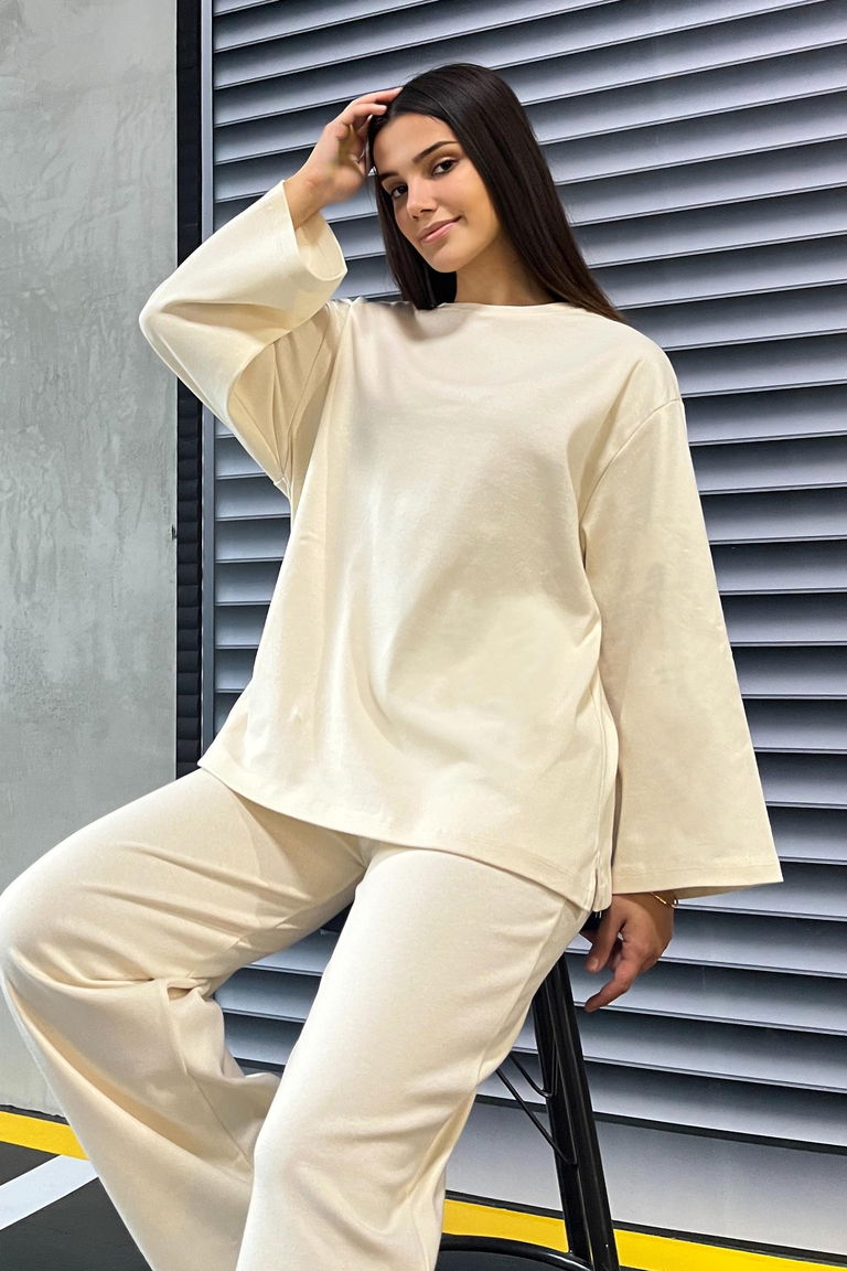 Geniş Paçalı İki İplik Eşofman Takımı - 27717-KREM - TOFİSA