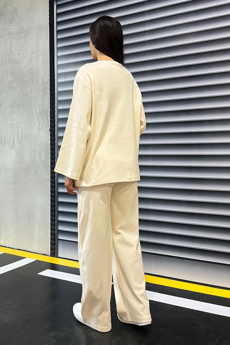 Geniş Paçalı İki İplik Eşofman Takımı - 27717-KREM - TOFİSA