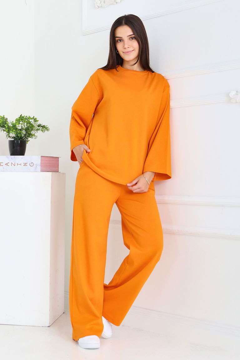 Geniş Paçalı İki İplik Eşofman Takımı - 27717-ORANJ - TOFİSA