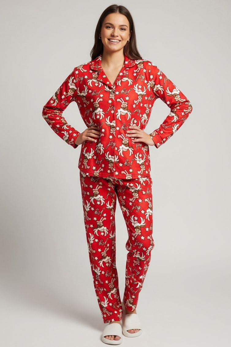 Geyik Baskılı Pijama Takımı - 27944-KIRMIZI - TOFİSA