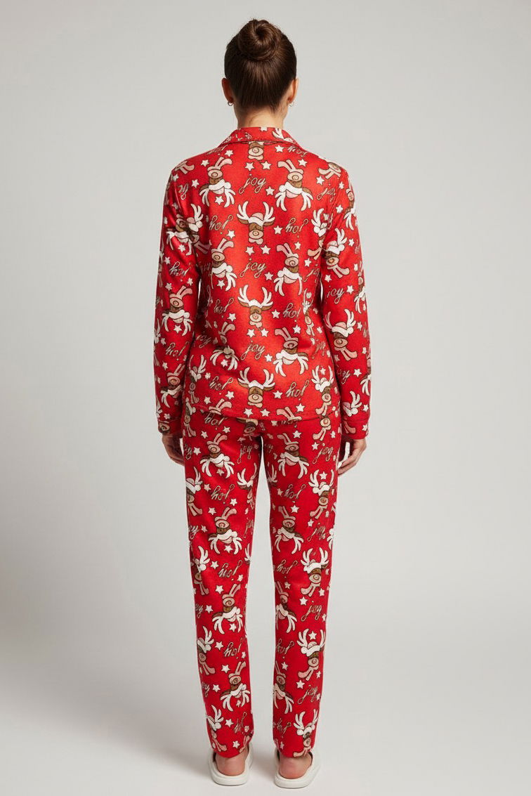 Geyik Baskılı Pijama Takımı - 27944-KIRMIZI - 2