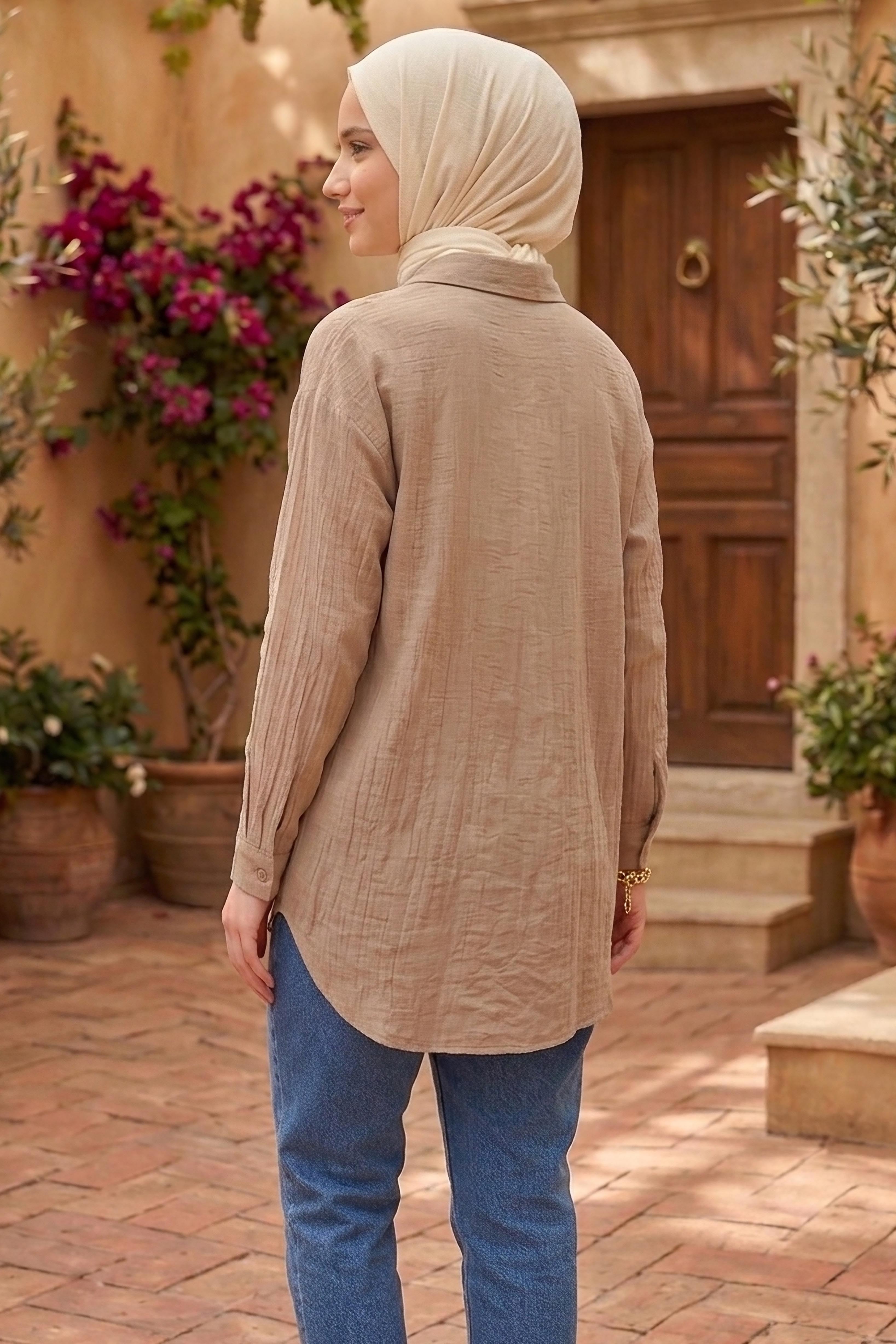 Gizli Düğme Detaylı Çilek Tunik - 1306-BEJ - 3
