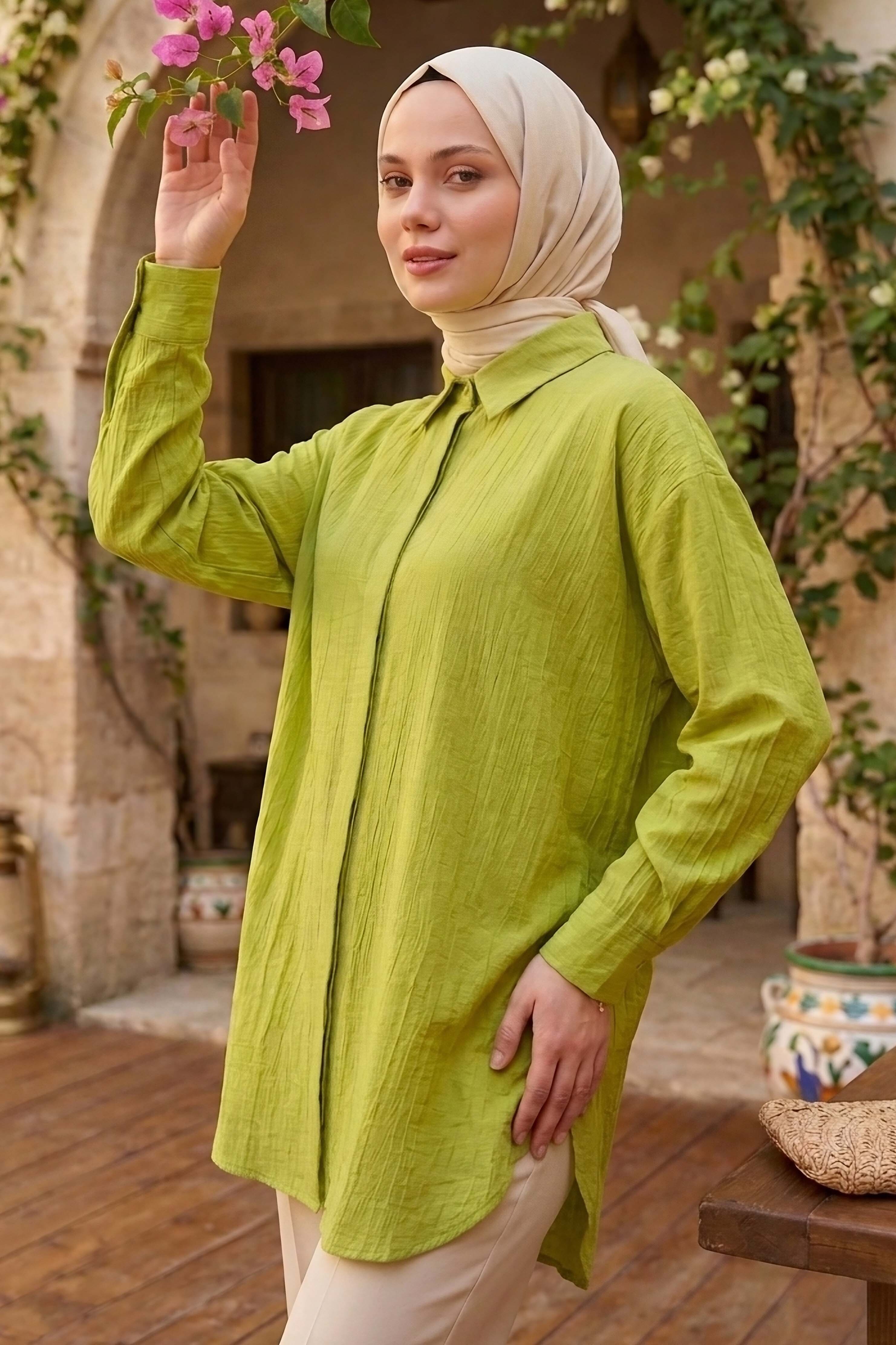 Gizli Düğme Detaylı Çilek Tunik - 1306-FISTIK-YESILI - 1