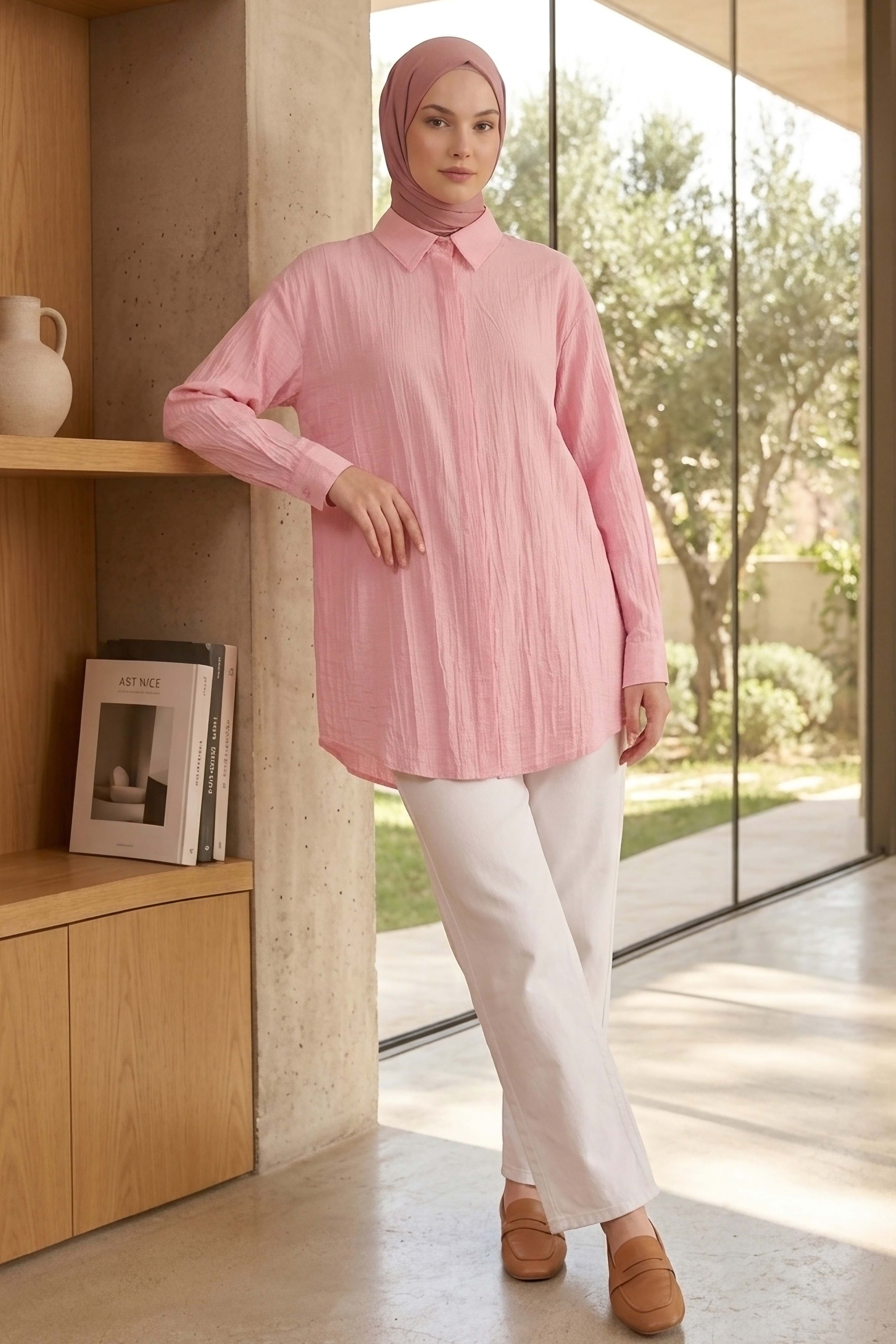 Gizli Düğme Detaylı Çilek Tunik - 1306-PEMBE - 1