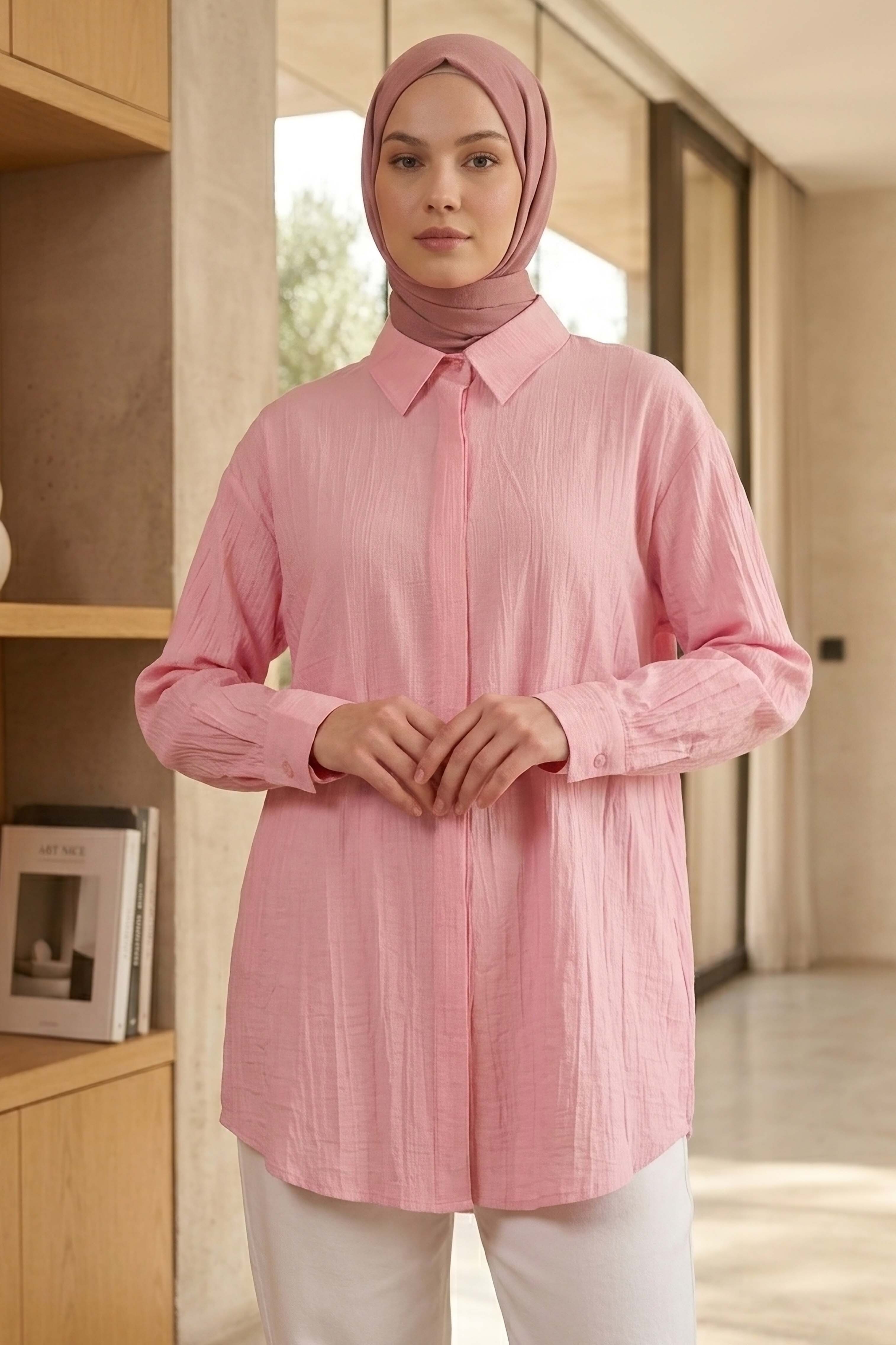 Gizli Düğme Detaylı Çilek Tunik - 1306-PEMBE - 2