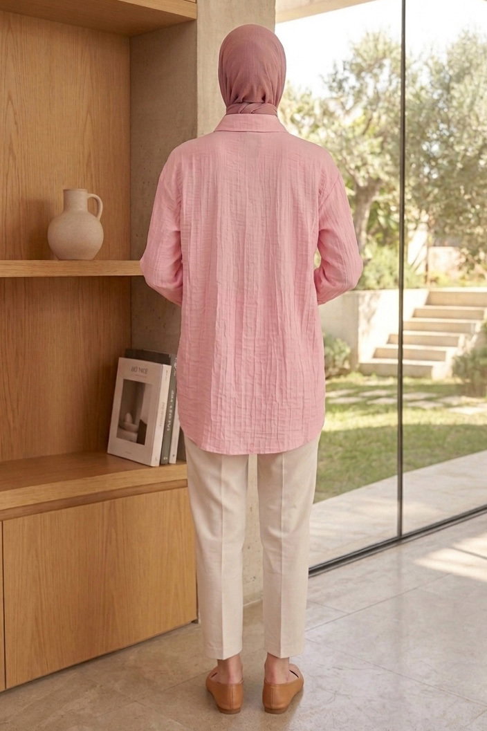 Gizli Düğme Detaylı Çilek Tunik - 1306-PEMBE - 4