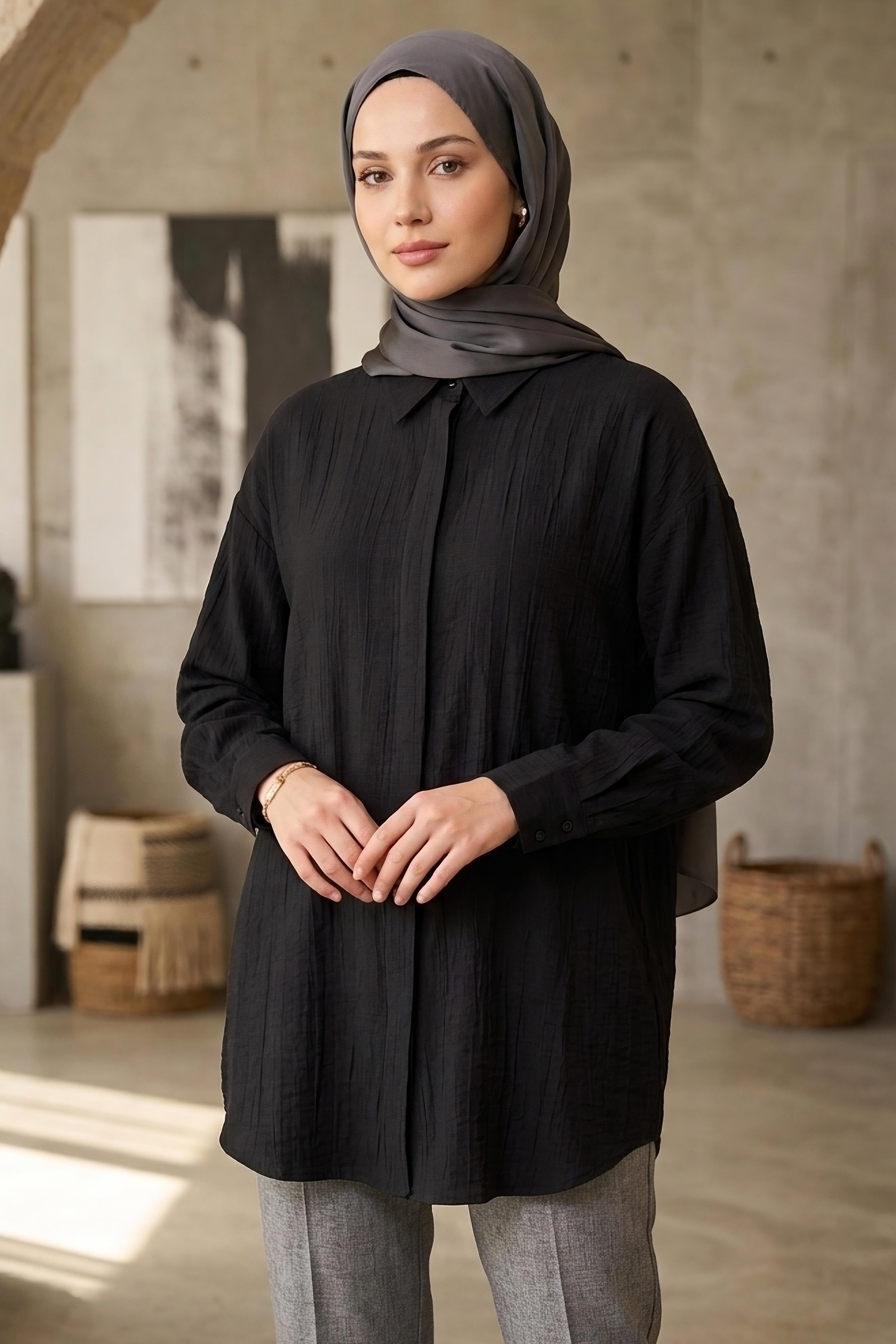 Gizli Düğme Detaylı Çilek Tunik - 1306-SIYAH - 1