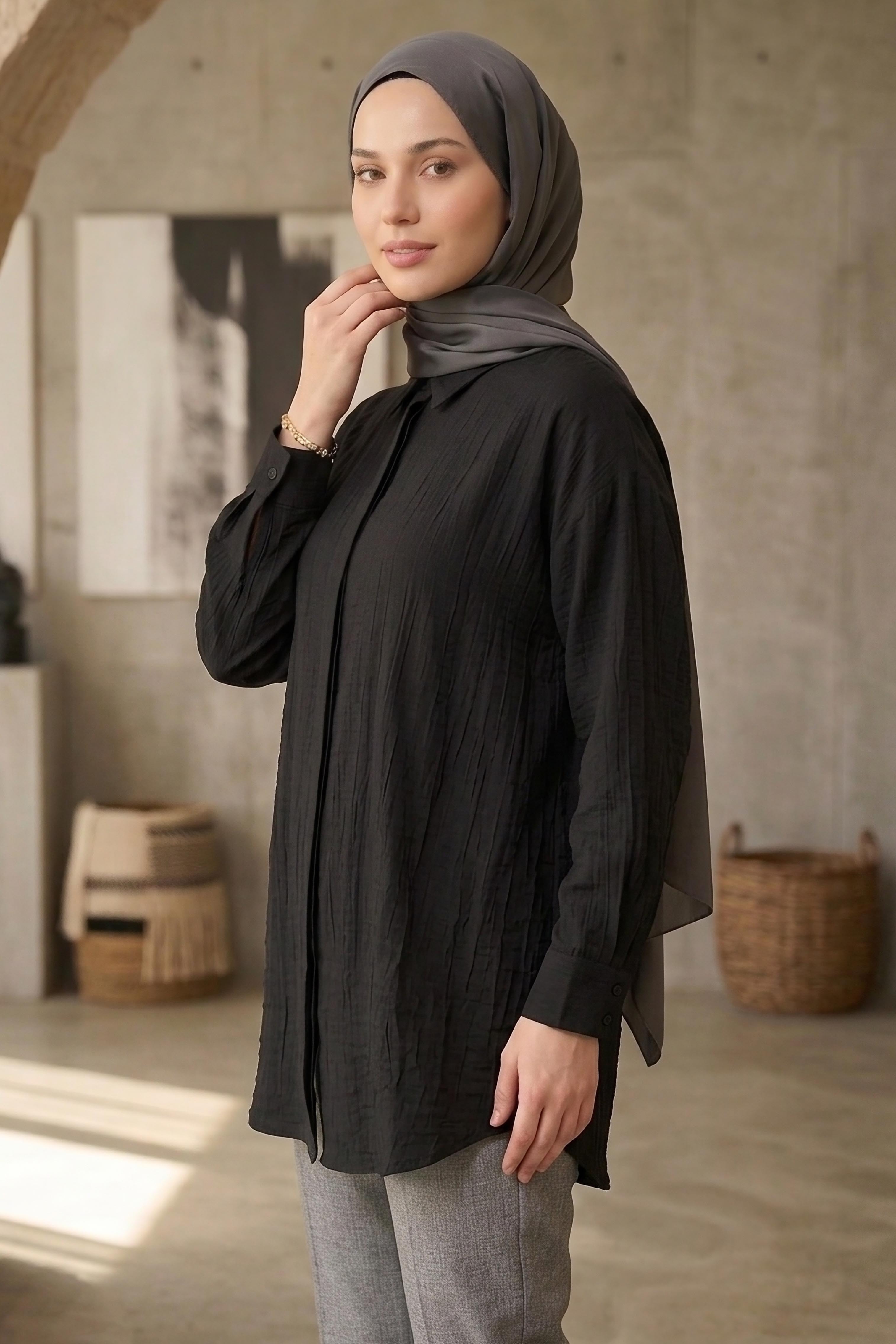 Gizli Düğme Detaylı Çilek Tunik - 1306-SIYAH - 2