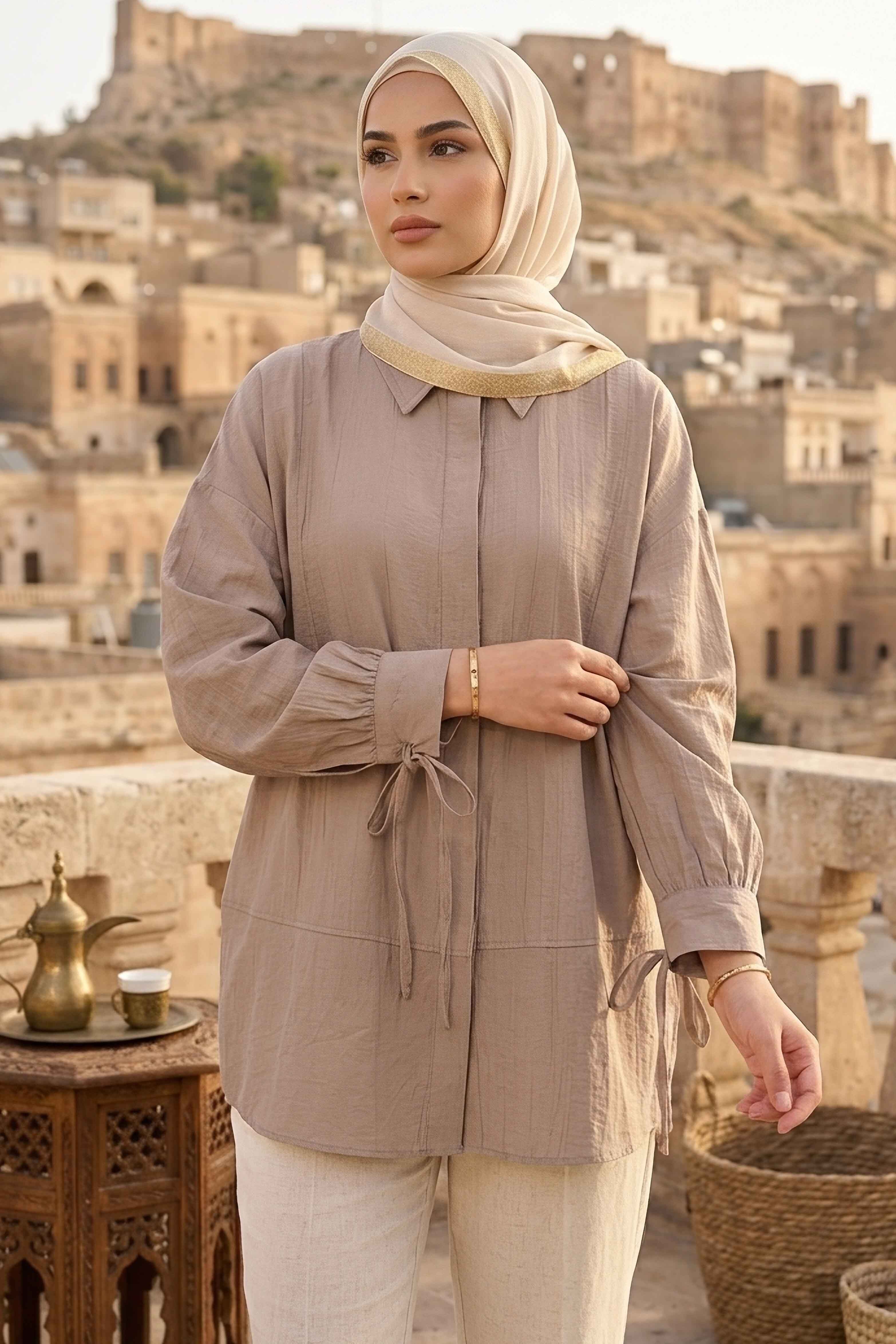 Gizli Düğmeli Çilek Tunik - 1305-BEJ - 1