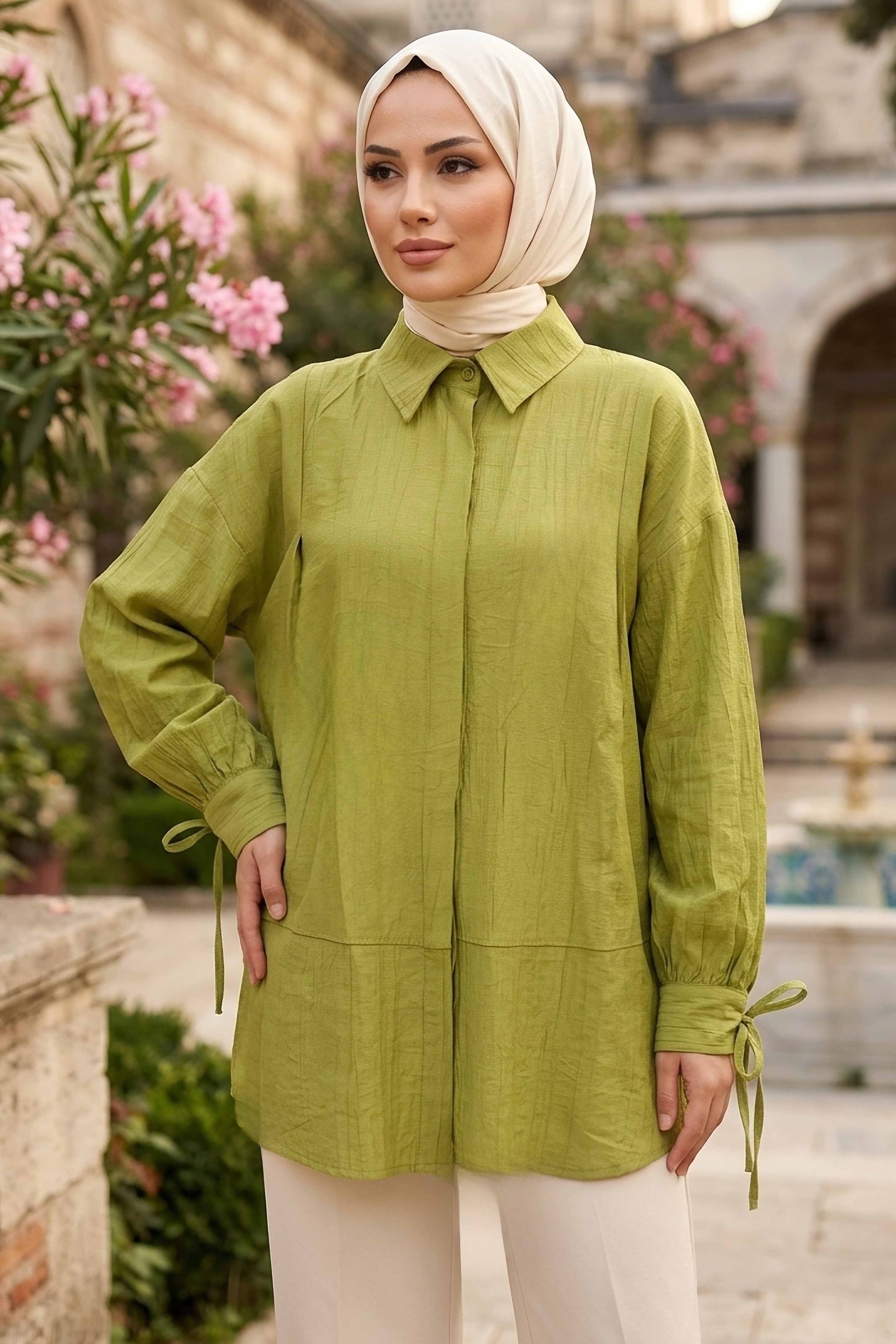 Gizli Düğmeli Çilek Tunik - 1305-FISTIK-YESILI - 1