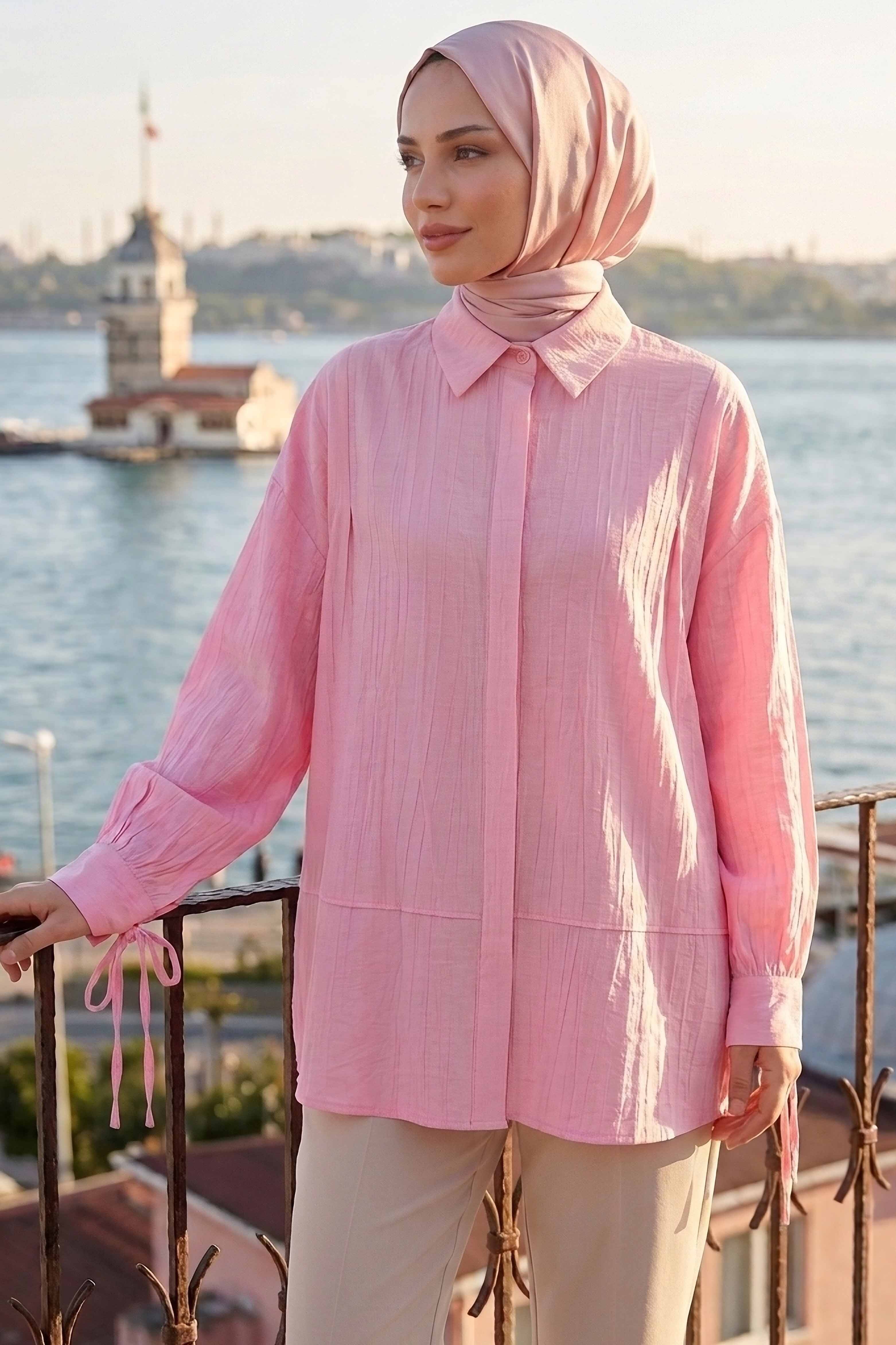 Gizli Düğmeli Çilek Tunik - 1305-PEMBE - 2