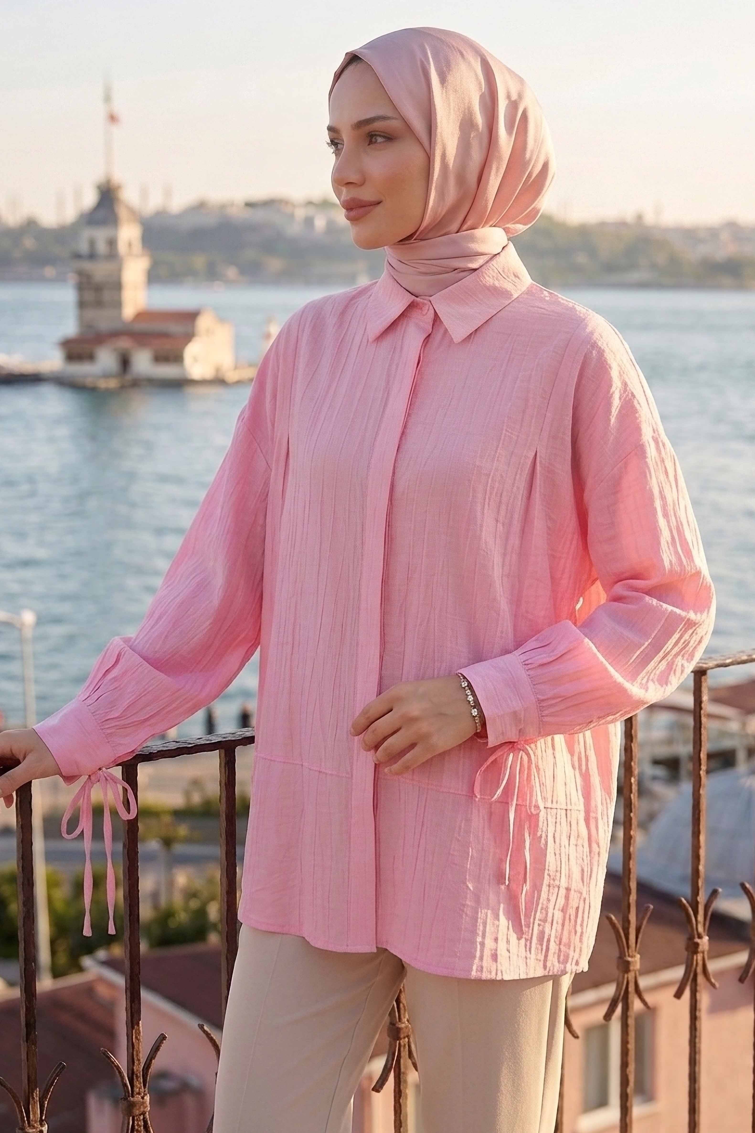 Gizli Düğmeli Çilek Tunik - 1305-PEMBE - 3