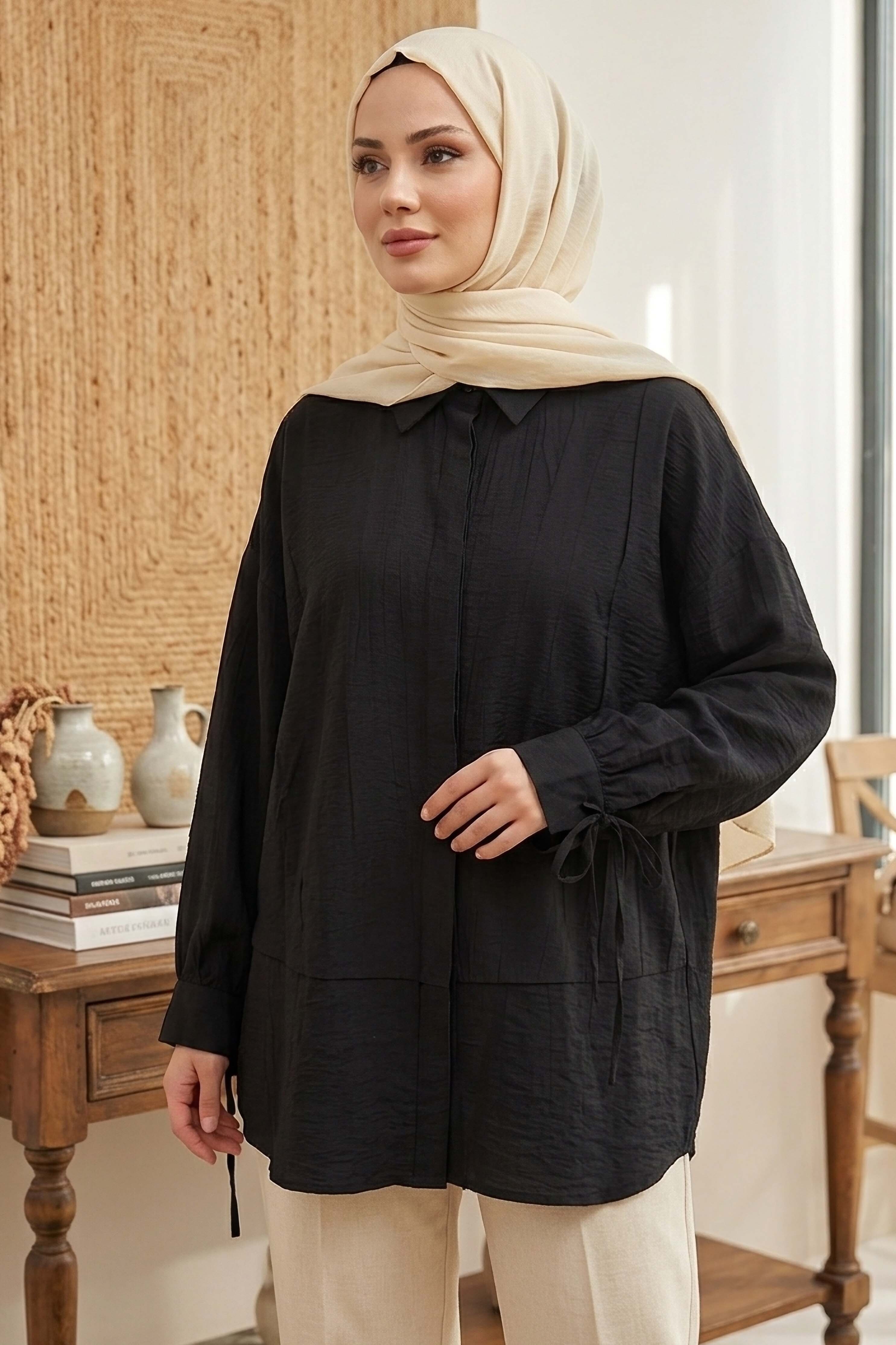 Gizli Düğmeli Çilek Tunik - 1305-SIYAH - 2