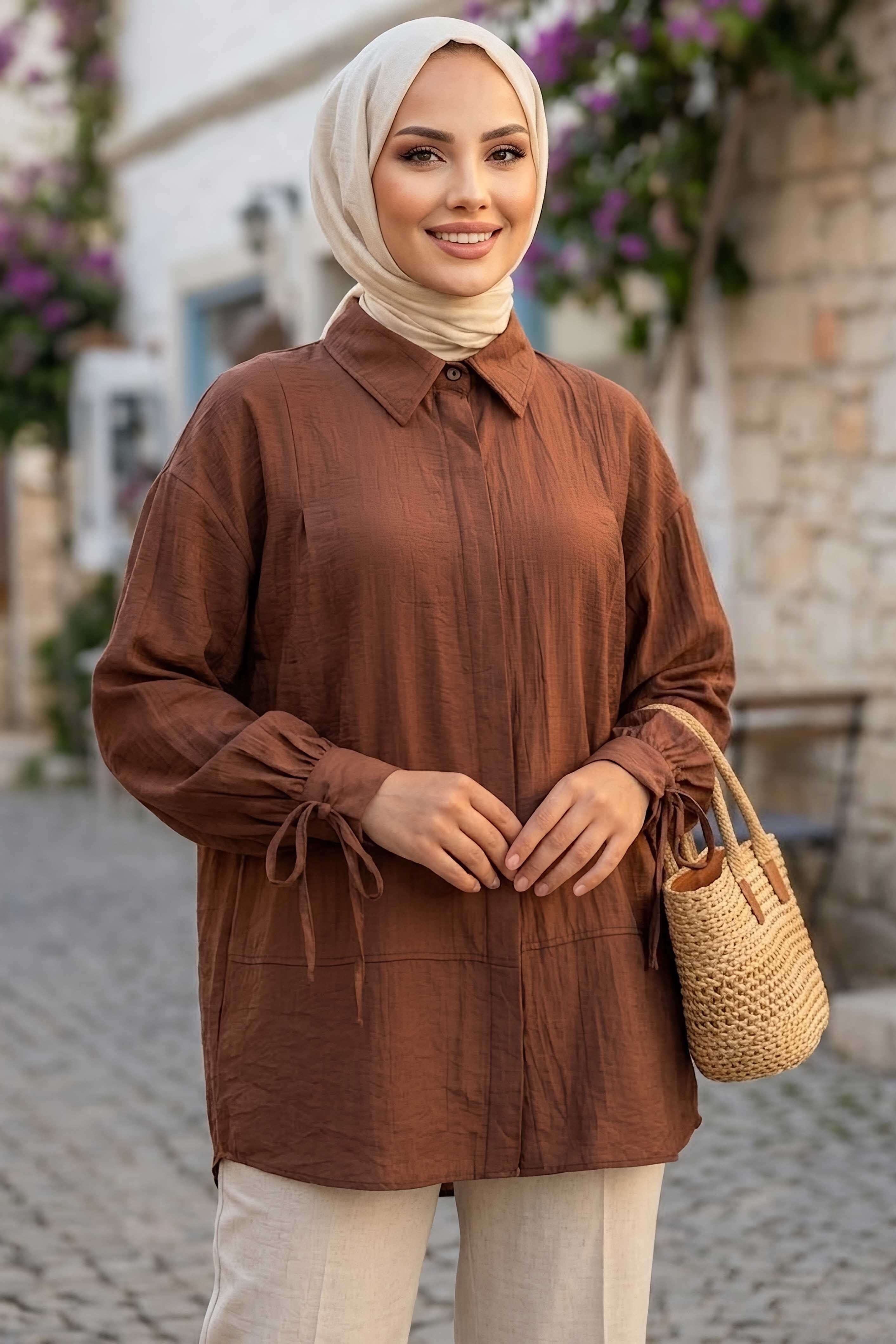 Gizli Düğmeli Çilek Tunik Kahve - 1305-KAHVE - 1