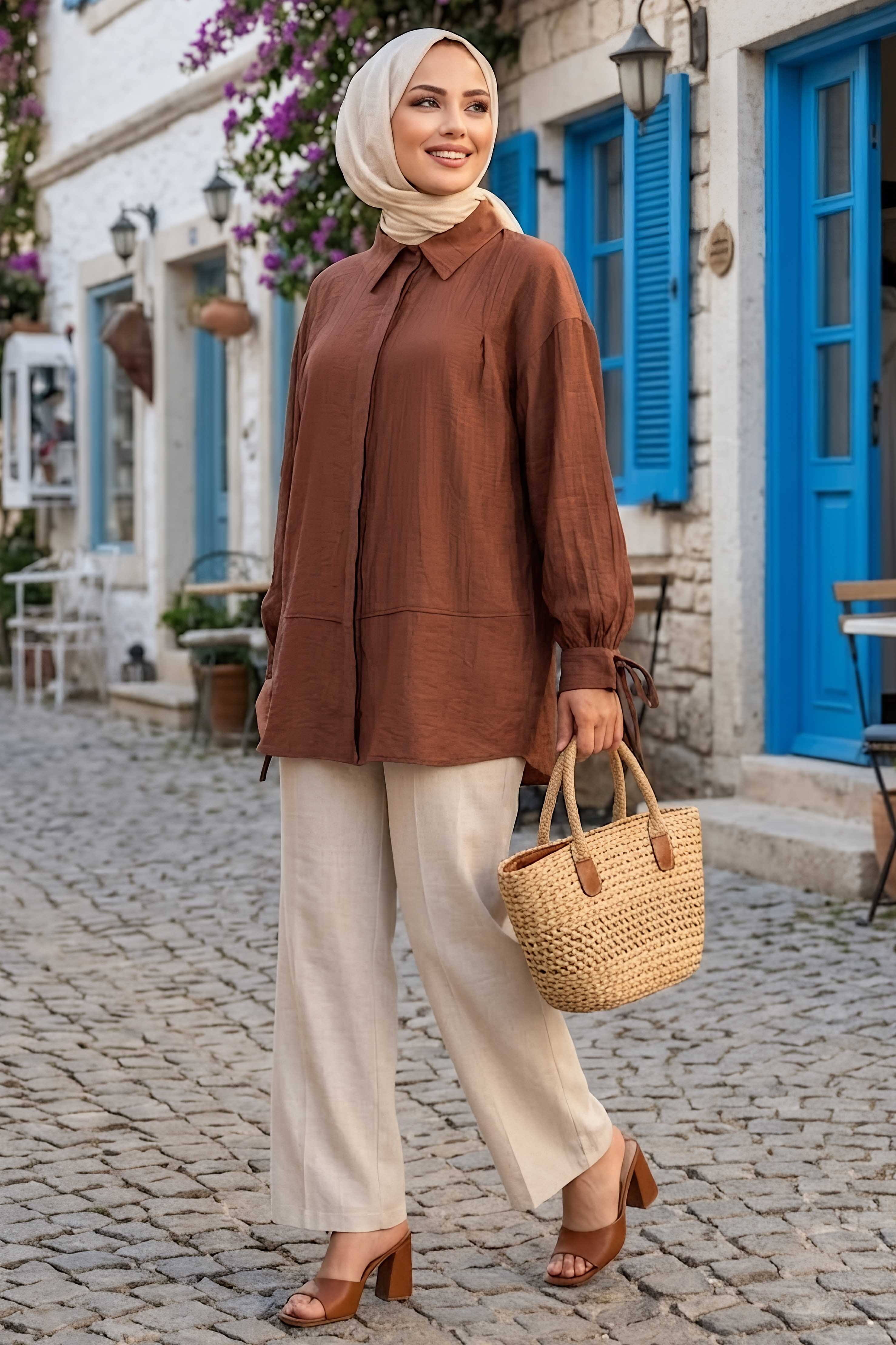 Gizli Düğmeli Çilek Tunik Kahve - 1305-KAHVE - 2