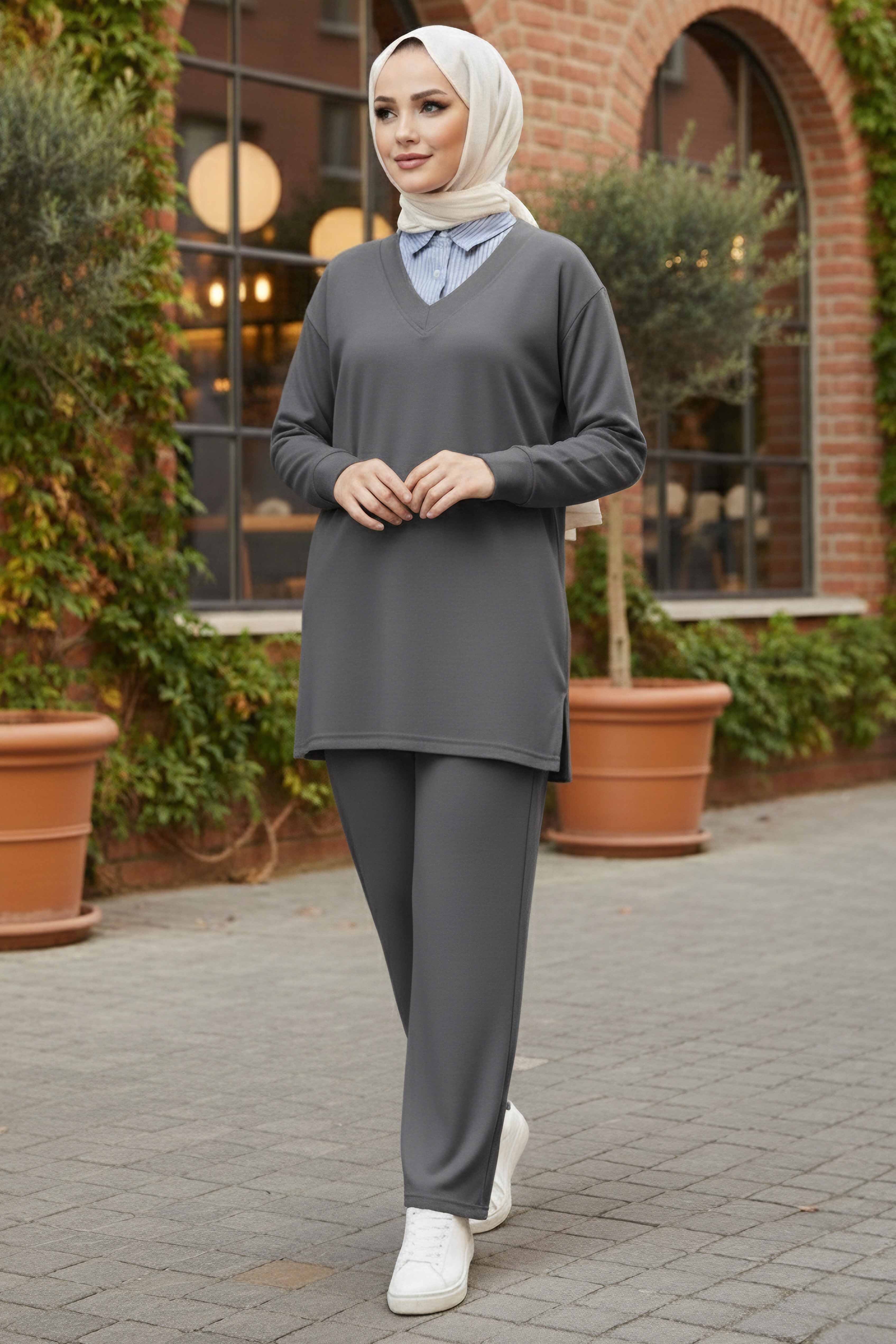 Gömlek Yaka Detaylı Modal Tunik Pantolon - 28130-FUME - 2