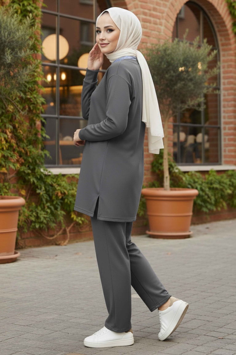 Gömlek Yaka Detaylı Modal Tunik Pantolon - 28130-FUME - TOFİSA