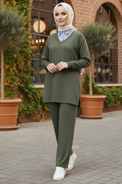 Gömlek Yaka Detaylı Modal Tunik Pantolon - 28130-HAKI 