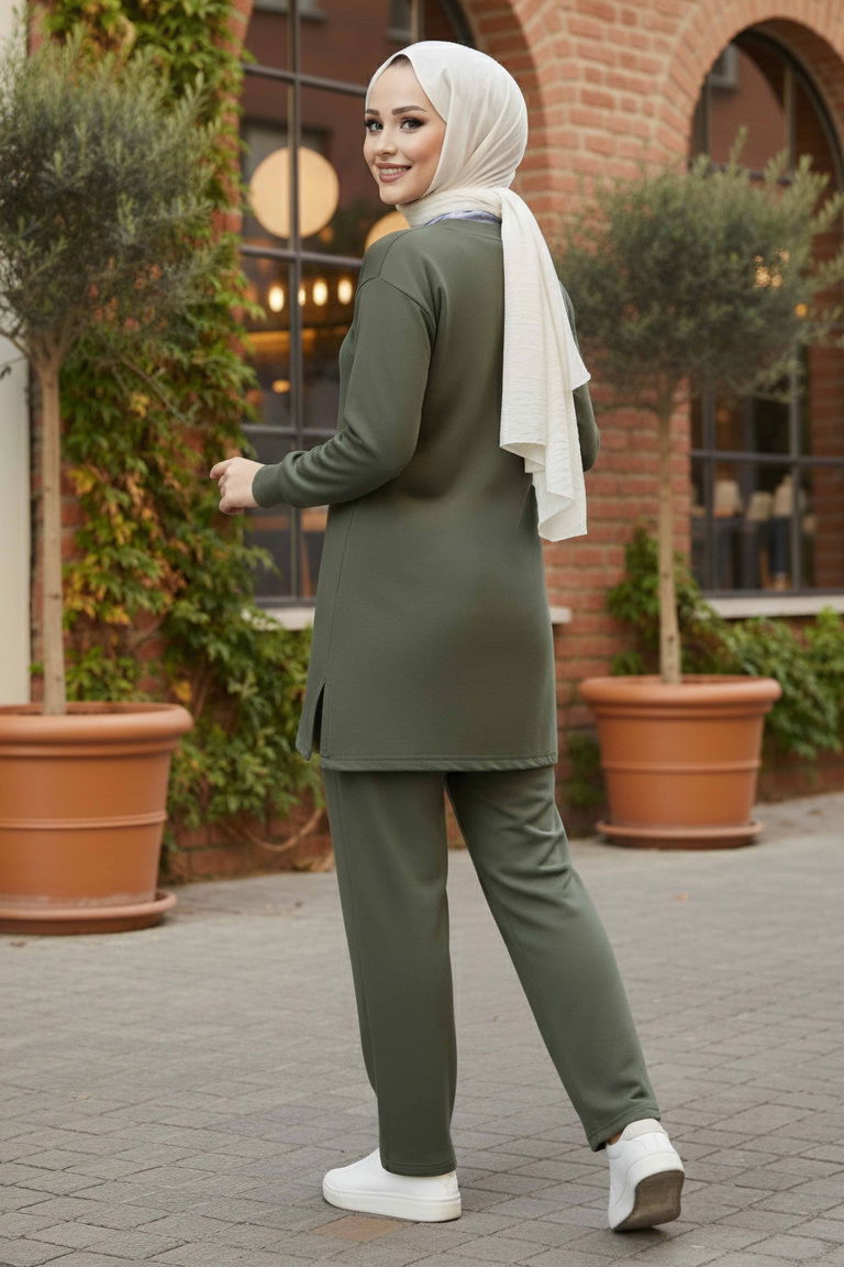 Gömlek Yaka Detaylı Modal Tunik Pantolon - 28130-HAKI - TOFİSA