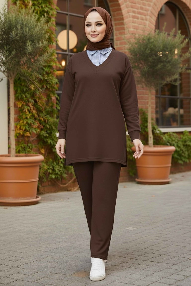 Gömlek Yaka Detaylı Modal Tunik Pantolon - 28130-KAHVE - TOFİSA