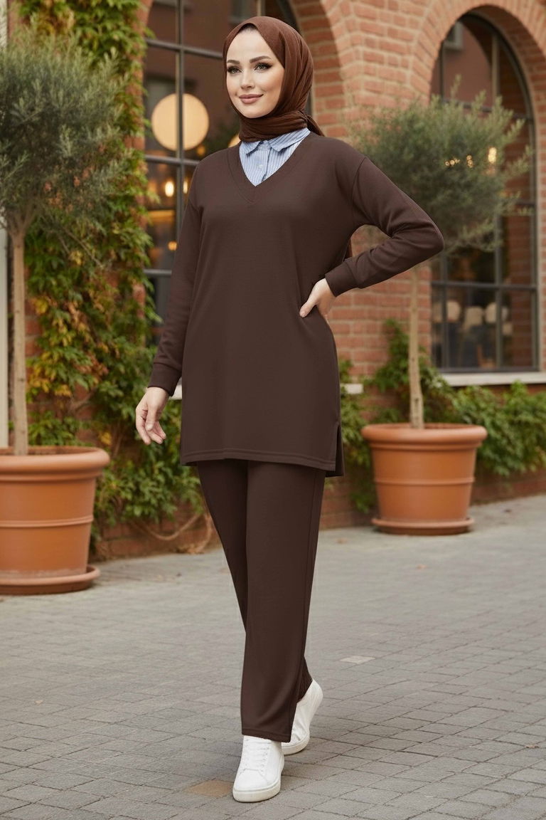 Gömlek Yaka Detaylı Modal Tunik Pantolon - 28130-KAHVE - TOFİSA