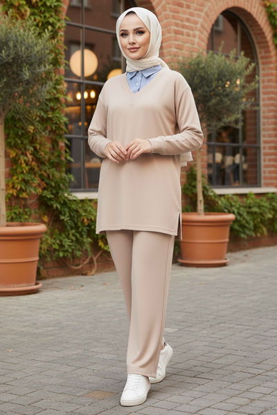 Gömlek Yaka Detaylı Modal Tunik Pantolon - 28130-KREM 